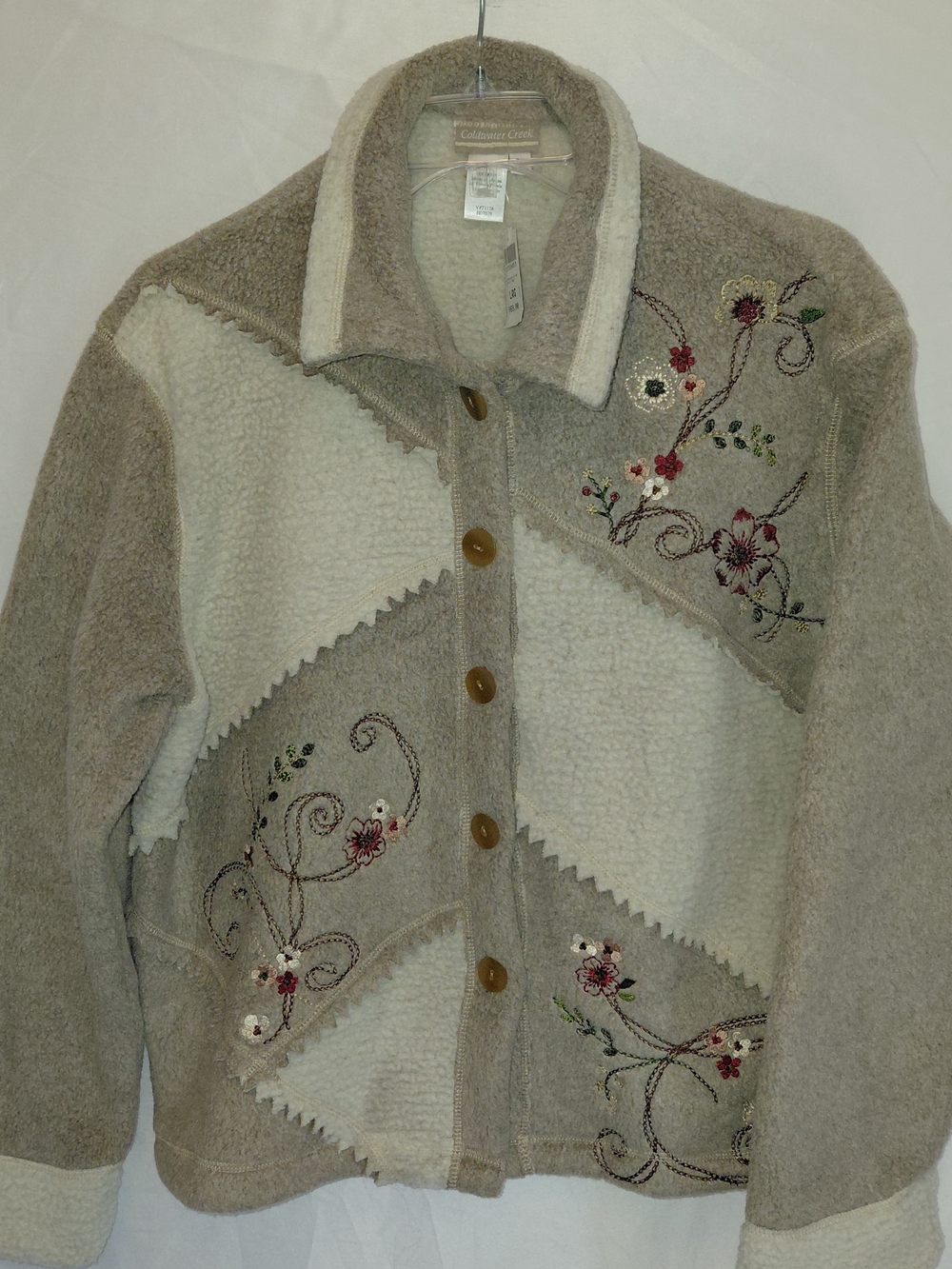 Coldwater Creek Beige & Cream Embroidered Sherpa Cardigan
